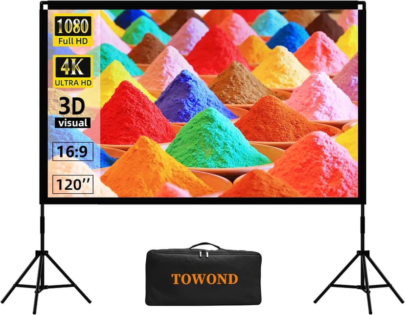 Projector Screen and Stand, Towond 120 inch Portable Movie Screen Indoor Outdoor 16:9 4K HD Front Rear Projection Screen with Carry Bag Wrinkle-Free and Foldable Design for Home Theater