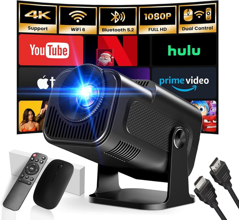 [Built-in App] Mini Projector 1920*1080P 4K Support Projector with Mouse Portable Projector with WiFi and Bluetooth 180° Adjustable Auto Keystone HDMI/TV Stick/USB/PS5/Laptop, with HDMI Cable & Mouse