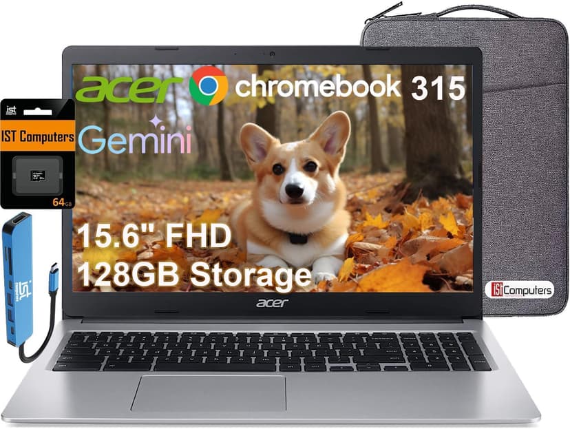 Acer Chromebook 315 Laptop (15.6" FHD, Intel Celeron N4500, 4GB RAM, 128GB Storage (64GB eMMC + 64GB SD Card) Home & Student, Long Battery Life, Numeric KB, Wi-Fi, Webcam, IST Hub, Nitro, Chrome OS