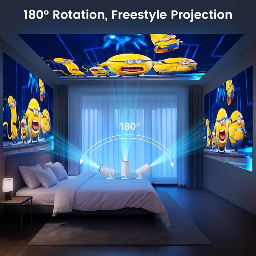 Mini Portable Projector with WiFi and Bluetooth, Movie projector 1080P HD Supported, Auto Keystone Correction, 180° Rotatable, Compatible with TV Stick, HDMI, USB, Smartphone, Laptop (White1)