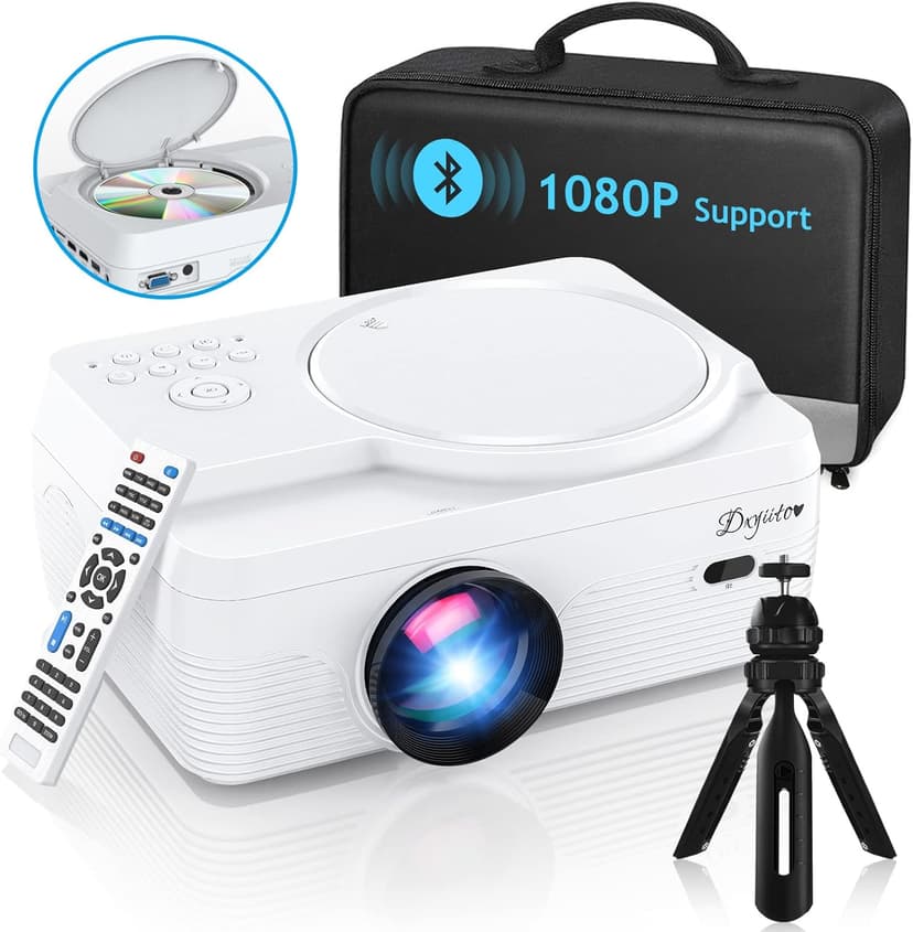 Full HD Bluetooth Projector Built in DVD Player, 12000LM 1080P Supported, Portable Mini DVD Projector for Outdoor Movies, 250" Home Theater, Compatible with iOS/Android/TV Stick/PS4/HDMI/USB/TF Card