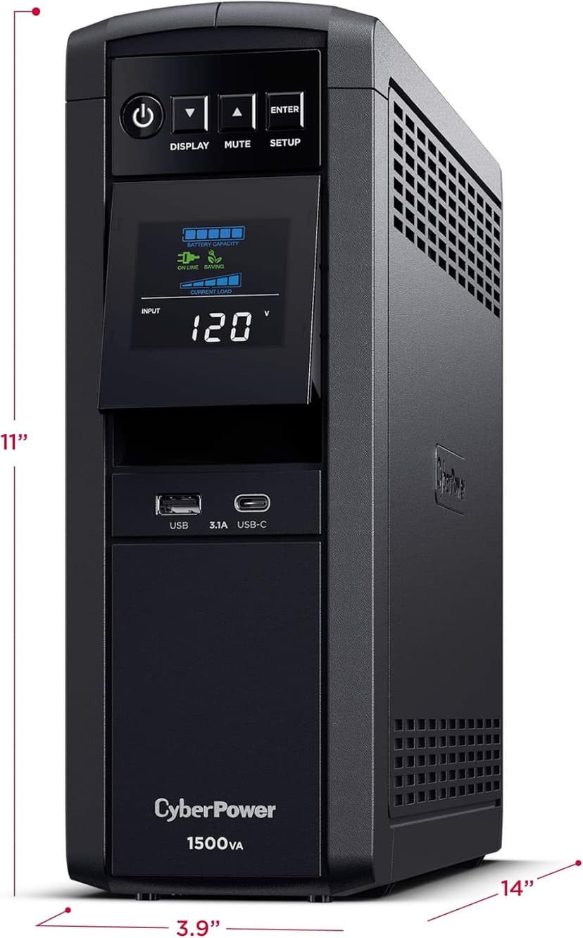 CyberPower CP1500PFCLCD PFC Sinewave UPS System, 1500VA/1000W, 12 Outlets, AVR, Mini Tower,Black