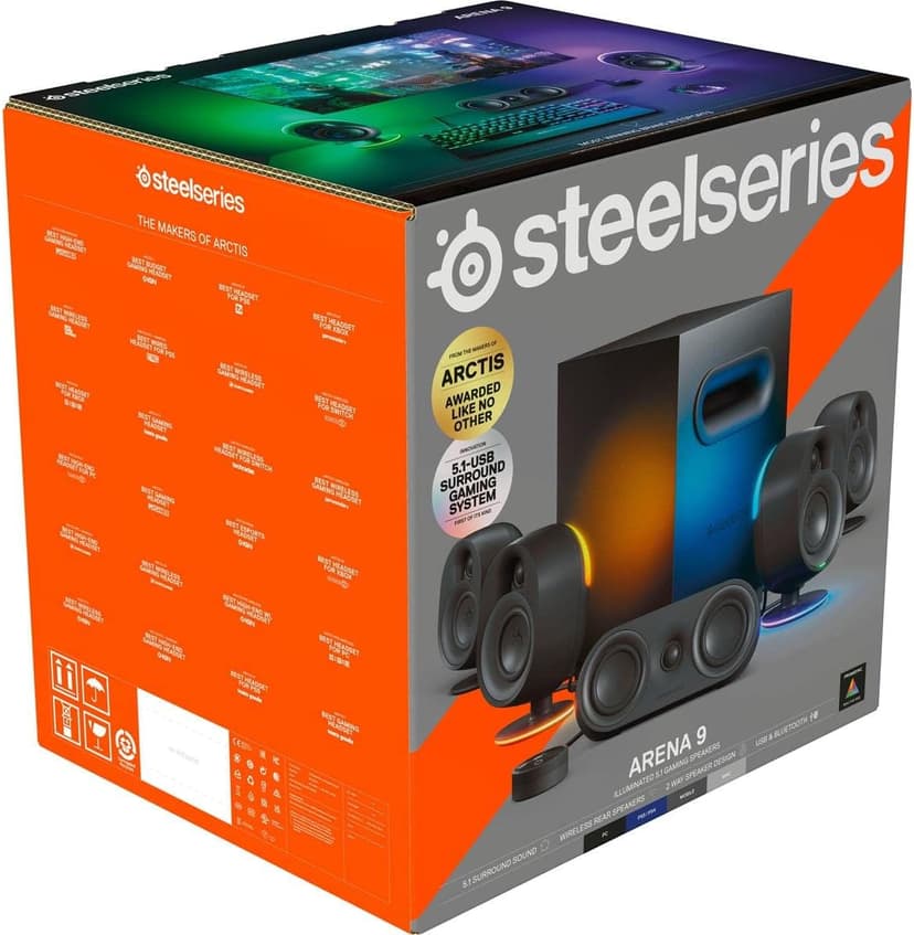 SteelSeries Arena 9 Illuminated 5.1 Desktop Gaming Speakers – 5.1 USB Surround Sound – Wireless Rear Speakers – 2-Way Speaker Design – Subwoofer – RGB Light, Bluetooth – PC, PlayStation, Mobile, Mac