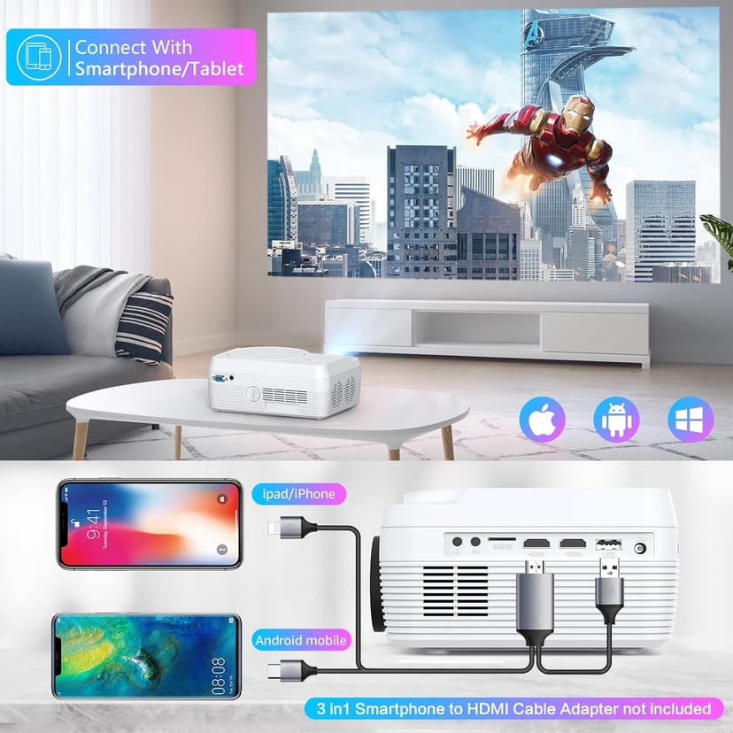 Full HD Bluetooth Projector Built in DVD Player, 12000LM 1080P Supported, Portable Mini DVD Projector for Outdoor Movies, 250" Home Theater, Compatible with iOS/Android/TV Stick/PS4/HDMI/USB/TF Card
