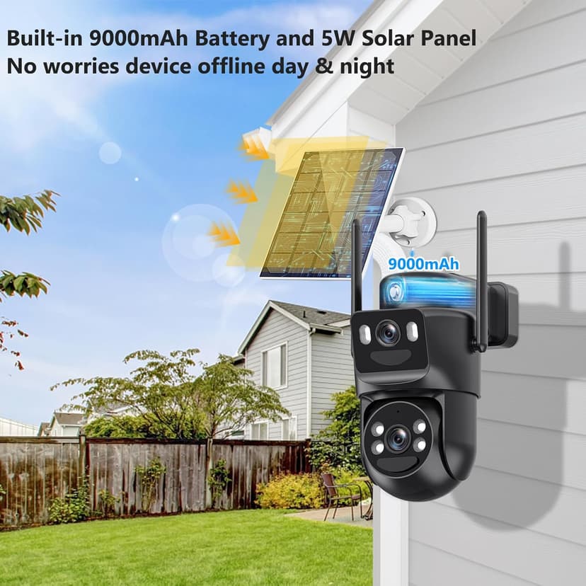 4K Solar Security Cameras Wireless Outdoor Battery Powered, 5GHz & 2.4GHz Dual Lens Bullet & 360°PTZ Linkage Outdoor Security Camera with Solar Panel, 8X Digital Zoom, Color Night Vision