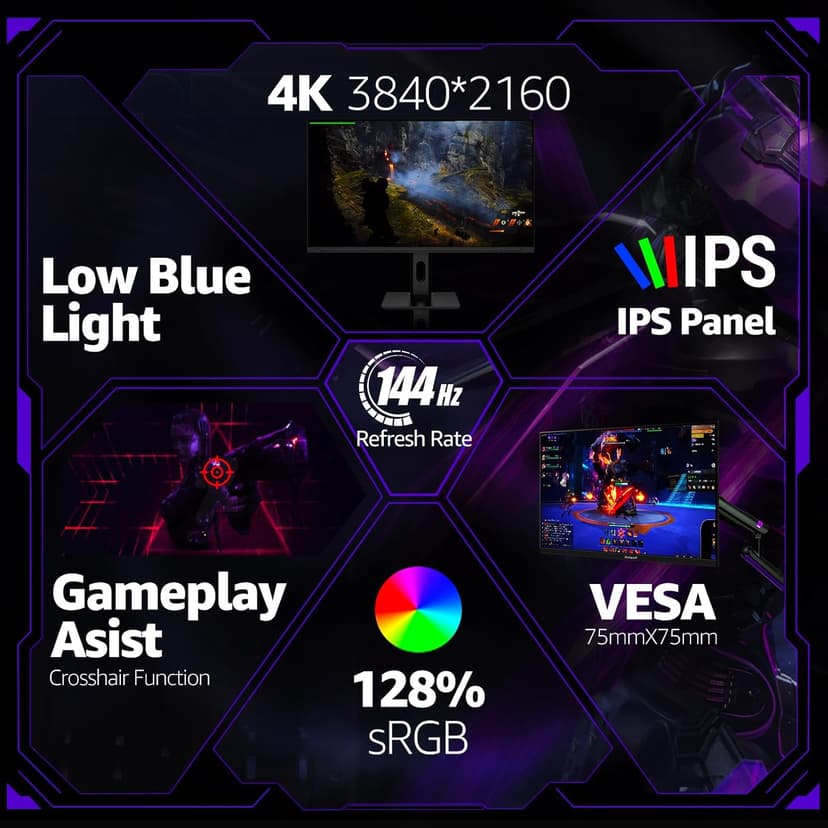 27 Inch 4K Gaming Monitor IPS, UHD 3840 x 2160p 144Hz PC Computer Monitors IPS Screen for Home & Office, HDMI, DisplayPort, Wall Mount Compatible