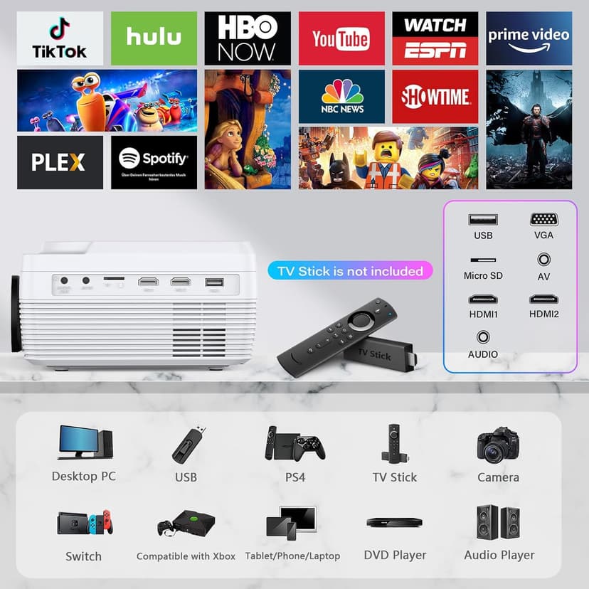 Full HD Bluetooth Projector Built in DVD Player, 12000LM 1080P Supported, Portable Mini DVD Projector for Outdoor Movies, 250" Home Theater, Compatible with iOS/Android/TV Stick/PS4/HDMI/USB/TF Card