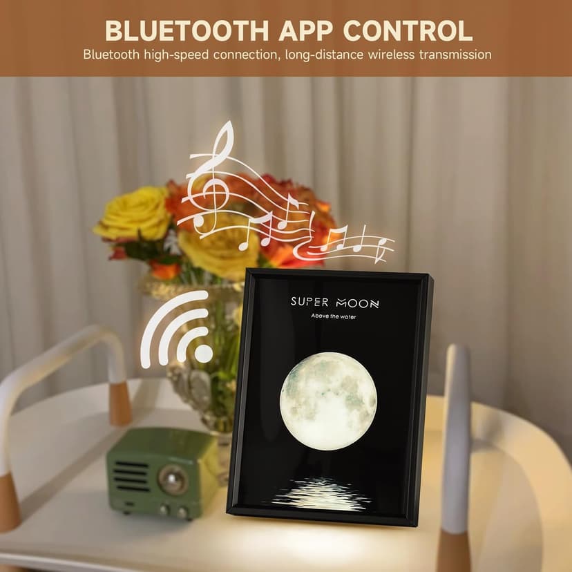 Super Moon Wireless Bluetooth Speaker Wall Art, LED Moon Light Decoration, Black Frame with Music Player Gift
