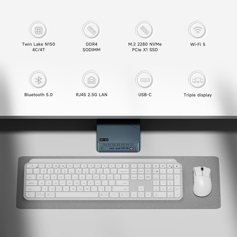 wo-we H5 Mini PC, Twin Lake N150 (Upgraded N100) Desktop Computer, 16GB DDR4 RAM 512GB PCIe SSD, Graphics 4K Triple Display Dual HDMI 2.0/USB-C, 2.5GbE RJ45 WiFi5/BT5.0,