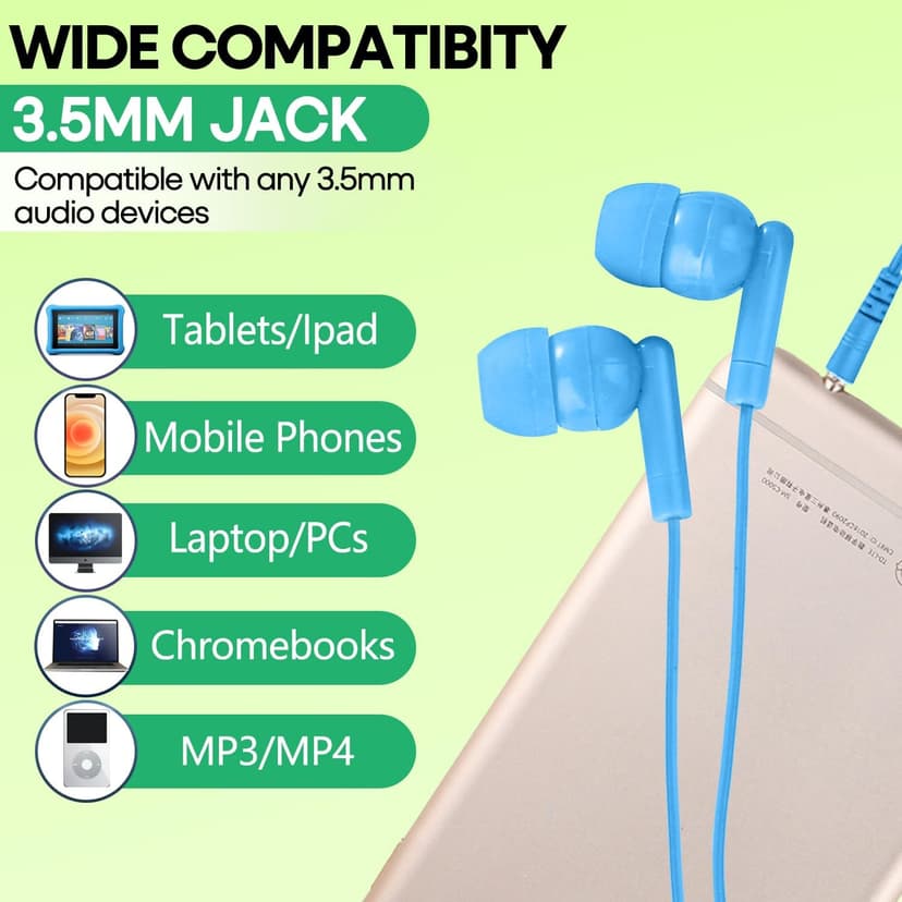 50 Pack Bulk Kids Earbuds for School Classroom Library, Student Wired Earphones with 3.5 mm Jack Multi Colored Earphones for Computer Chromebook Laptop PC (HY01,50 Mixed)