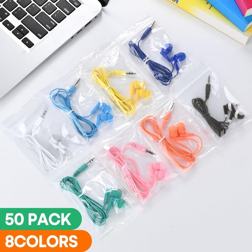 50 Pack Bulk Kids Earbuds for School Classroom Library, Student Wired Earphones with 3.5 mm Jack Multi Colored Earphones for Computer Chromebook Laptop PC (HY01,50 Mixed)