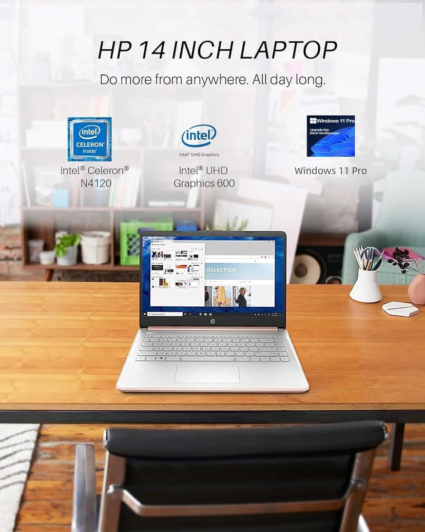 HP 14" Laptop for Student Business, Intel Quad-Core N4120, 8GB RAM + 384GB Storage (128GB eMMC+256GB MSD), Long Battery Life, Wi-Fi, HDMI, 1-Year Office 365 & Windows 11 S, Designed Mouse, Rose Gold