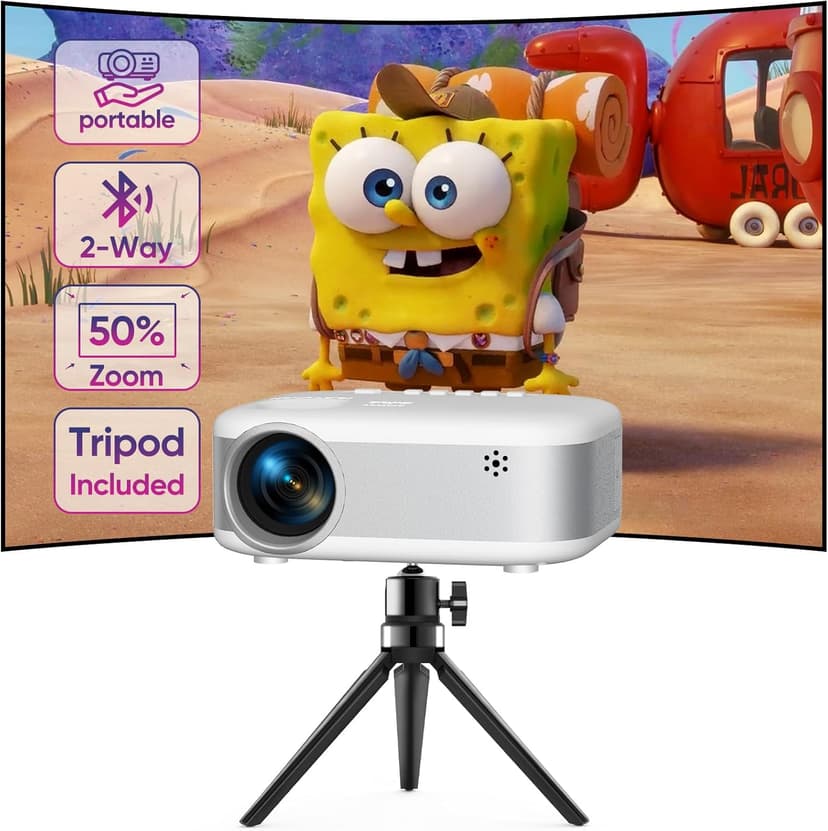 Mini Projector with Tripod, 1080P HD Portable Bluetooth Movie Projector, Compatible with Smartphone/Laptop/TV Stick/HDMI/USB