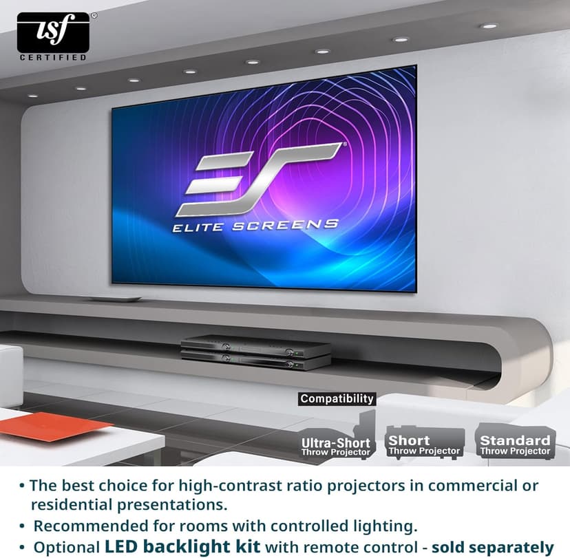 Elite Screens Aeon Series 150” Fixed Frame Projector Screen 16:9, 8K/4K UHD, Edge-Free Design, CineWhite UHD-B, Wall Mounted for Standard, Short & Ultra Short Throw Projectors, Home Theater, AR150WH2