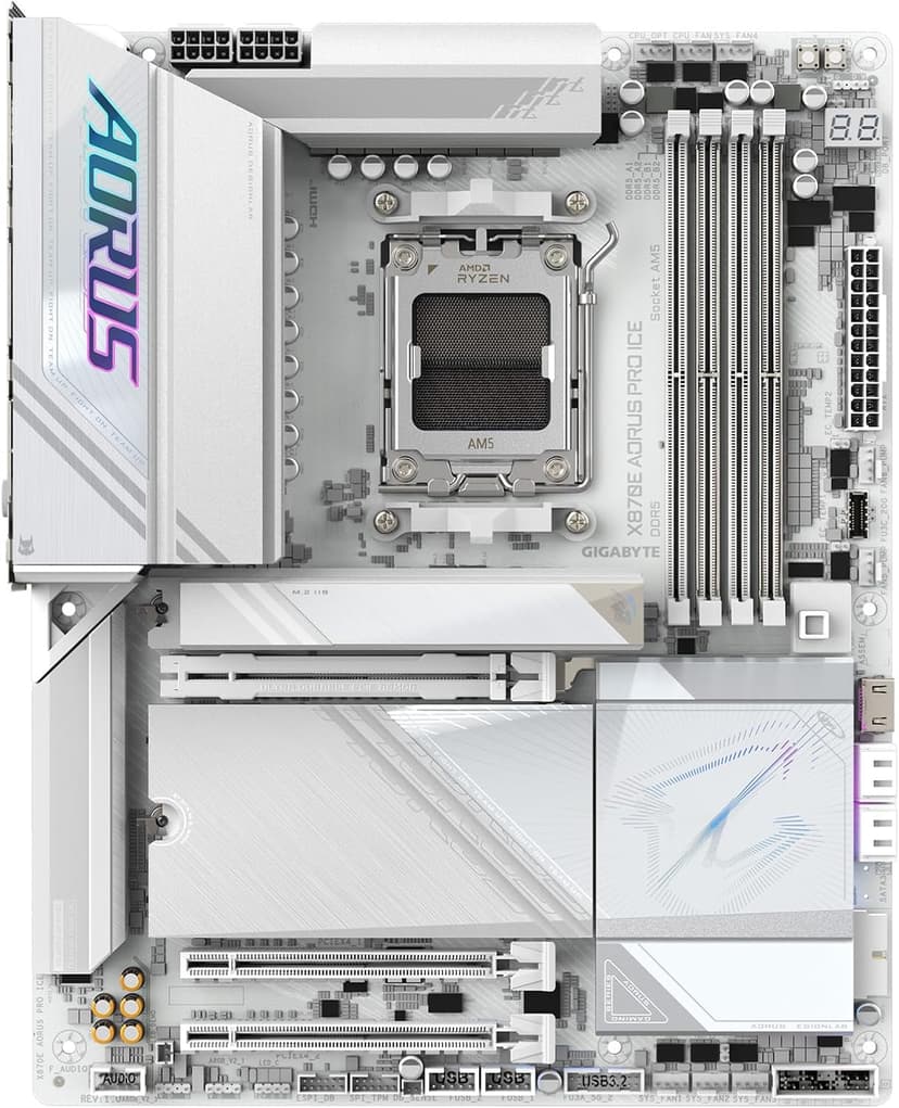 GIGABYTE X870E AORUS PRO ICE AMD AM5 LGA 1718 Motherboard, ATX, DDR5, 4X M.2, PCIe 5.0, USB4, WIFI7, 2.5GbE LAN, EZ-Latch, 5-Year Warranty