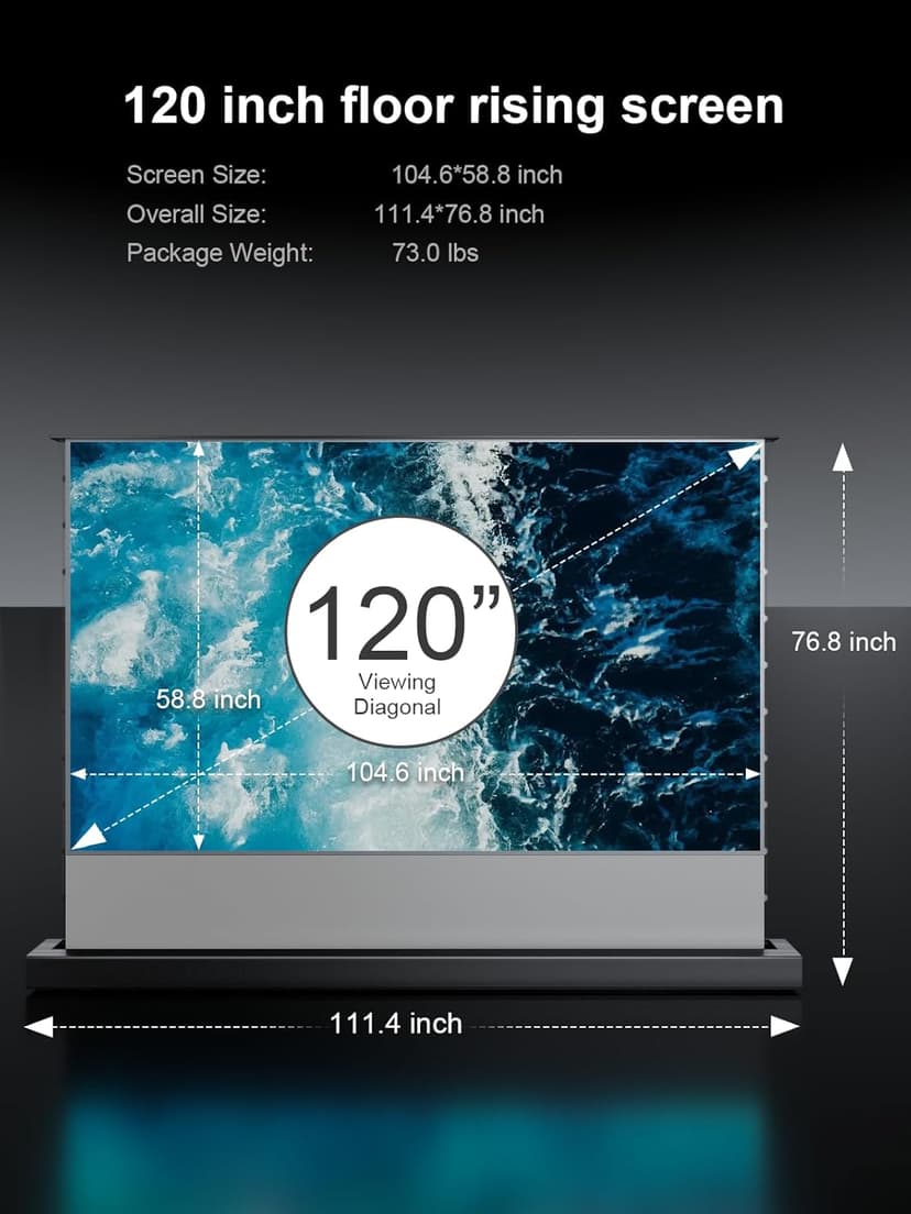 AWOL VISION 120" Motorized Rising Matte White Projector Screen for Long Short Ultra Short Throw Projector, Floor Stand Indoor Outdoor Theater Screen, 170°+ Viewable 4K/8K Ultra HD MW-F220
