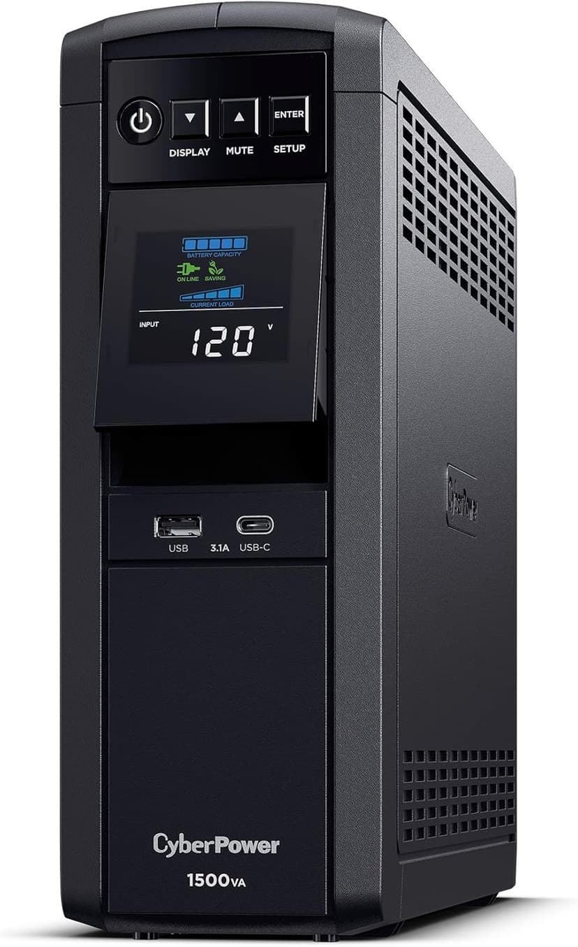 CyberPower CP1500PFCLCD PFC Sinewave UPS System, 1500VA/1000W, 12 Outlets, AVR, Mini Tower,Black