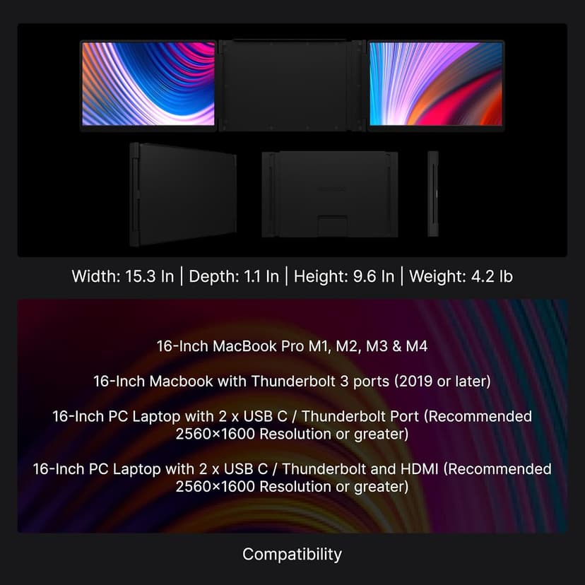 16" Pro Triple Laptop Screen Extender, Dual 16" 2k Portable Monitors, 144Hz, 100% DCI-P3, Compatible with 16" MacBook Pro M1, M2, M3, M4 & Windows Laptops, for Gaming, Creators, & Professional