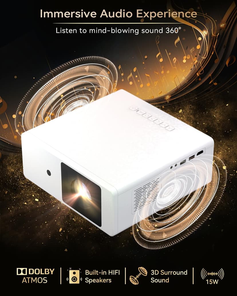[1300 ANSI/Netflix Licensed/Dolby Audio] Projector with WiFi Bluetooth Portable Outdoor - 4K Smart Ceiling Projector with Built in Apps, Wireless Home Theater for Bedroom, 20% Zoom/500", HDMI/Phone/PC
