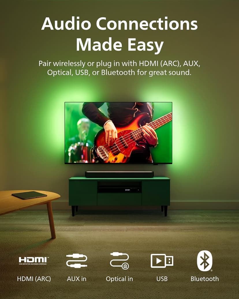 PHILIPS B5109 SoundBar for TV, 2.0 Channel Sound, DTS Virtual:X, Dolby Digital Plus,BT LE Audio, EQ Effects,Night Mode, Easy Setup, EasyLINK, Roku TV Ready, Remote/APP Control, Darkgrey
