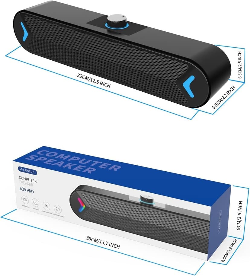 LENRUE Computer Speakers,Wired USB-Powered Sound-bar with 10W Stereo Sound for PC Desktop,Plug-n-Play (A39PRO /Black)