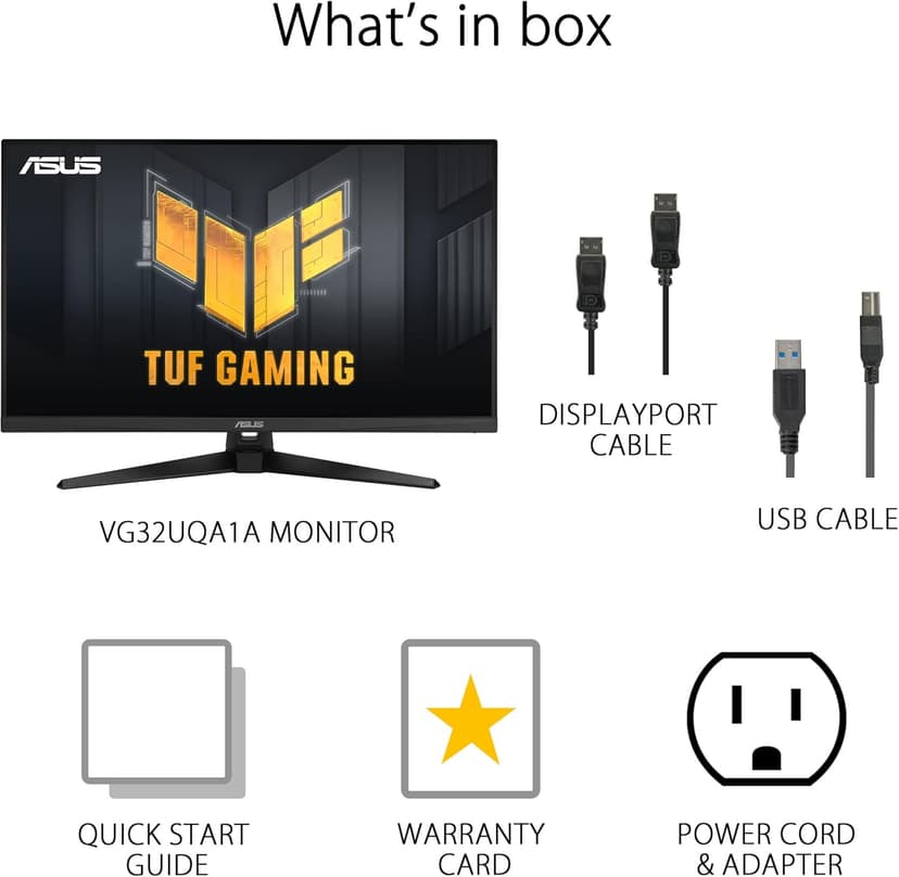 ASUS TUF Gaming 32” (31.5” viewable) 4K HDR DSC Gaming Monitor (VG32UQA1A) - UHD (3840 x 2160), 160Hz, 1ms, Extreme Low Motion Blur Sync, Freesync Premium, HDMI2.1, Speakers, 120% sRGB, DisplayHDR 400