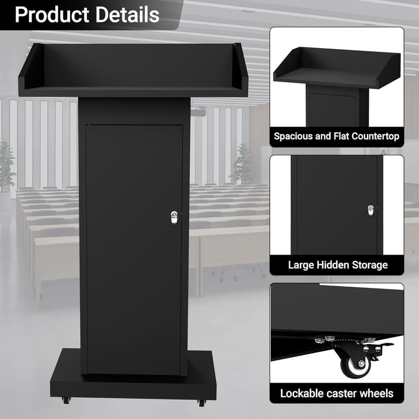 GARVIN Podium Stand with 4 Lockable Wheels, Heavy-Duty Metal Lecterns & Podiums with Hidden Storage, 46.5”H Portable Pulpit for Church, School, Office and Conference, Black