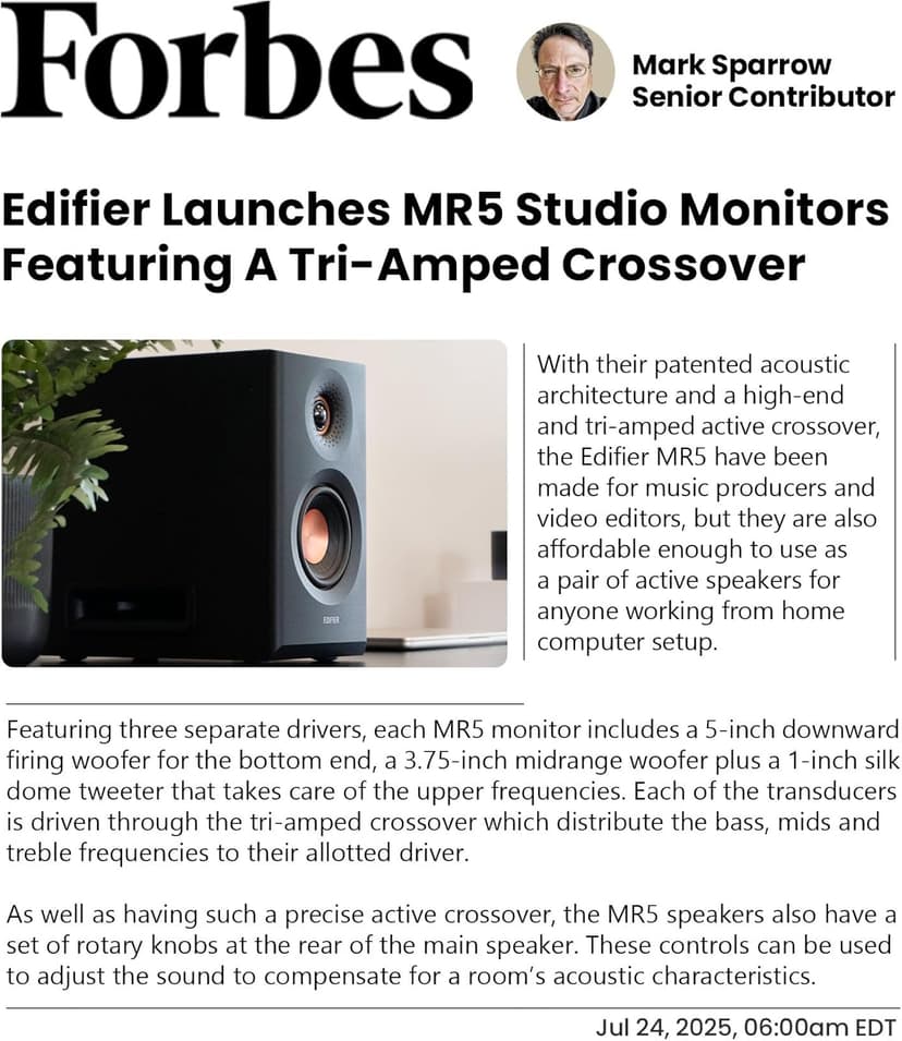 Edifier MR5 2.0 Studio Monitor Bookshelf Speakers, 110W(RMS), Hi-Res Audio, Bluetooth 6.0, 3-Way Active Design, Room Compensation, XLR/TRS/RCA Inputs, Compact Size for Home Studio & Music - Black