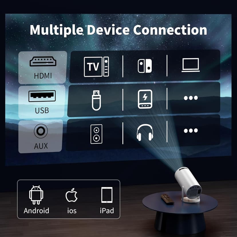 Mini Projector, 270° Rotation, Portable Projector 4K Support, Full HD 1080P Outdoor Movie Projector, Wired Screen Synchronize Max 200" Display, Compatible with Smartphone/TV Stick/Laptop/PS5/HDMI/USB