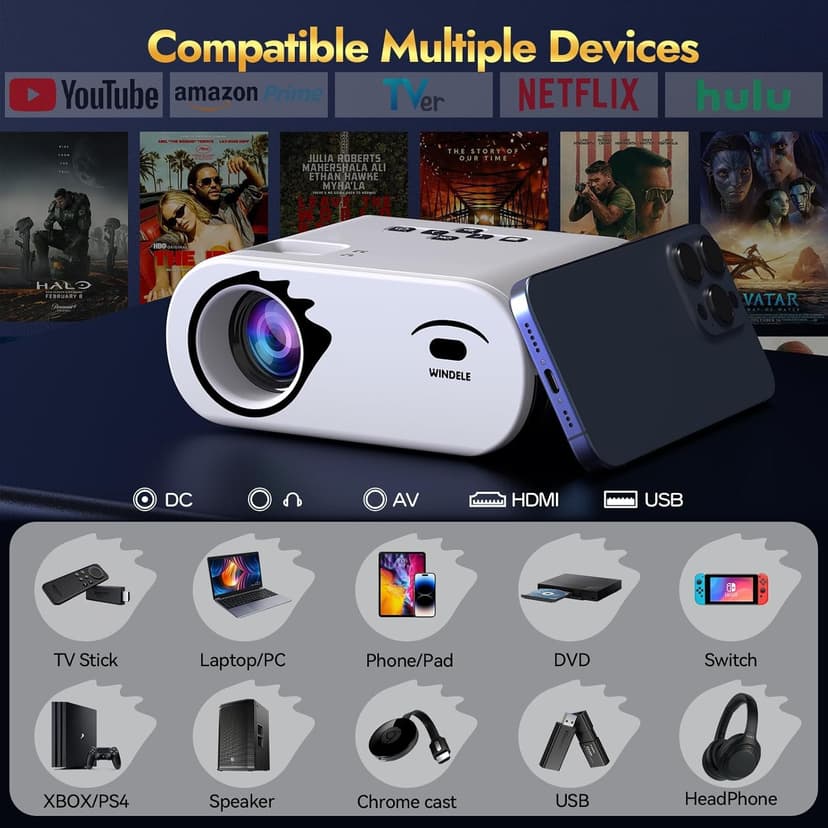 Mini Projector with WiFi and Bluetooth, Screen | Native 1080P, Portable Outdoor 5G Projector, Lag-Free, Compatible with iPhone, Android, PC, Fire Stick, Xbox, and PS5