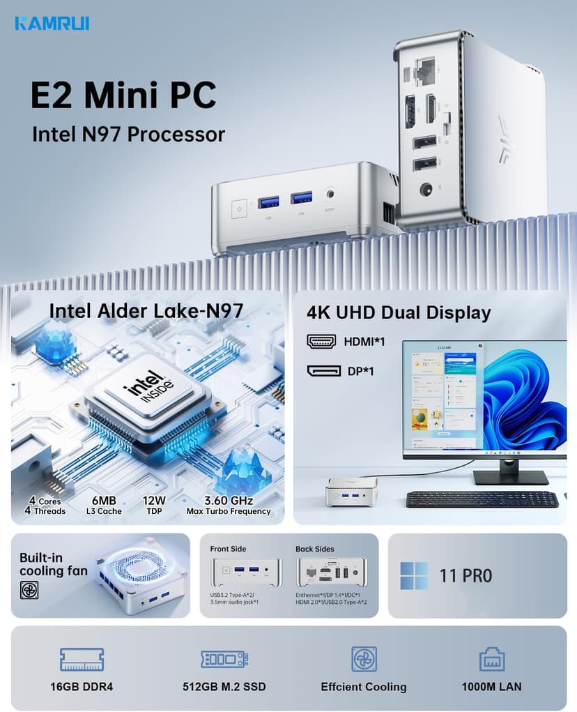 KAMRUI E2 Mini PC 11 Pro, 12th Gen Alder Lake N97(up to 3.6GHz) Micro PC (Beat N150/N100/N95), 16GB RAM 512GB M.2 SSD, Desktop Computers 4K Dual Display/USB3.2/WiFi/BT/LAN Small Computer