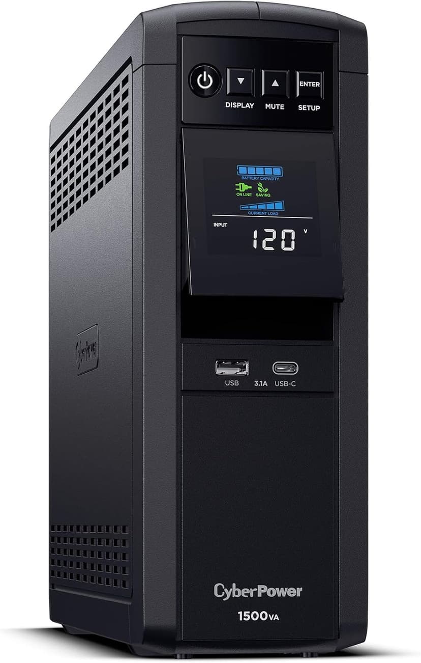 CyberPower CP1500PFCLCD PFC Sinewave UPS System, 1500VA/1000W, 12 Outlets, AVR, Mini Tower,Black