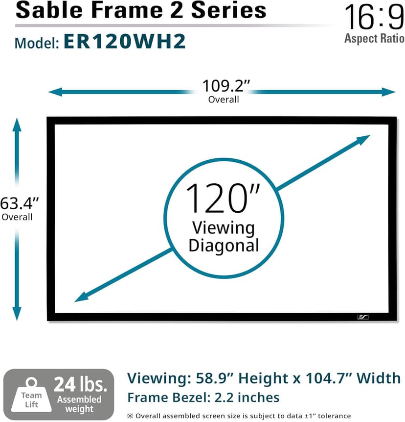 Elite Screens Sable Frame 120” Fixed Frame Projector Screen 16:9, Wall Mounted, 8K/4K UHD, ISF-Certified CineWhite, for Home Theater & Office, Compatible with Standard/Short/UST Projectors, ER120WH2