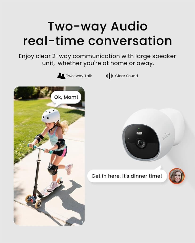 youkey S320 Magnetic Wire-Free Camera 2.5K QHD Security Camera with Dual Band WiFi 6, Built-in 8GB Storage, Colo Night Vision, Al Human Pet Detection, IP65, No Monthly Fees