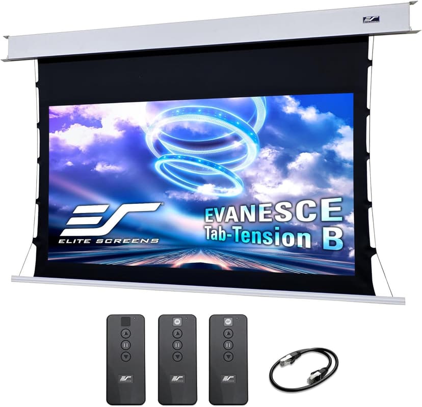 Elite Screens Evanesce Tab-Tension B, 120-inch 16:9, 4K / 8K HD, Recessed in-Ceiling Electric Tab Tensioned Projector Screen, Matte White Projection Screen Surface Programmed Remote Kit, ETB120HW3-E8