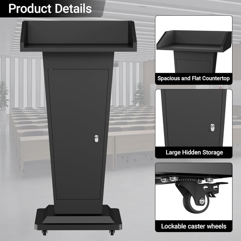 Tredre Black Metal Podium Stand with Wheels, Heavy-Duty Lecterns & Podiums with Storage, Premium Pulpits for Churches, Classrooms and Conferences, Scratch-Resistant Surface, 46.5”H