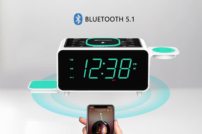 Emerson Smartset Dual Alarm Clock FM Radio with Wireless Charging, Bluetooth Speaker, Ultra Fast Charging for Airpods/iPhone, Foldable Stand, USB Charger, Adjustable LED Glow, ER100501