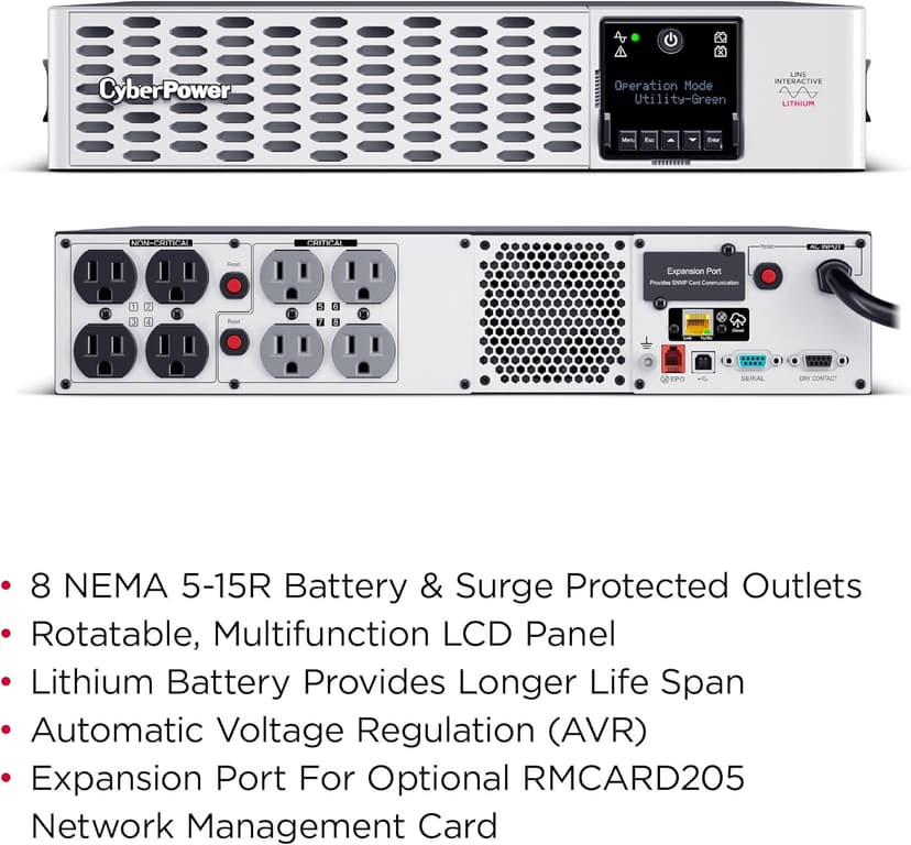 CyberPower PRL1500RT2UC Smart App Sinewave UPS System, 1500VA/1500W, 8 Outlets, 2U Rack/Tower, AVR, Lithium