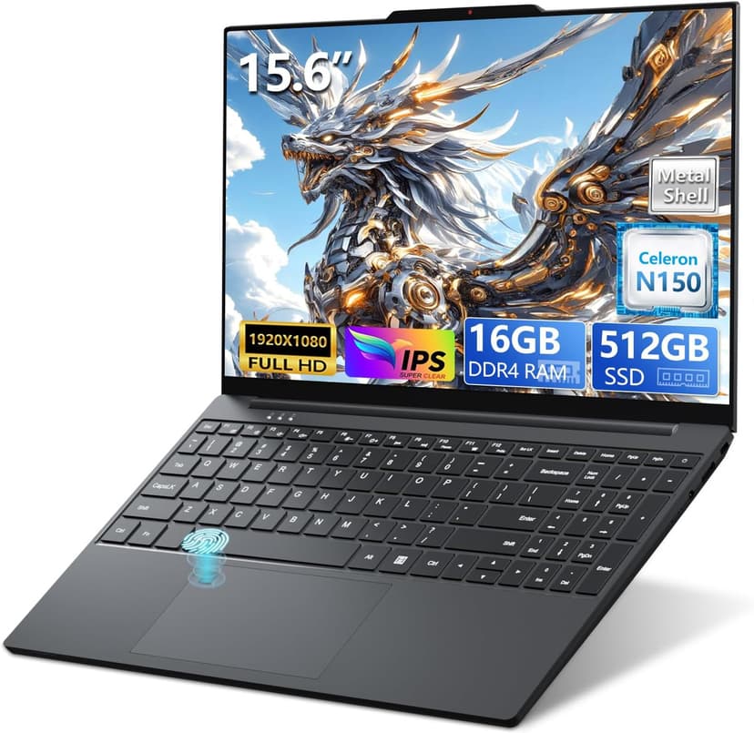 2025 Laptop, 15.6 Inch Gaming Laptop with N150 Processor(up to 3.6GHz), Laptop Computer with 16GB RAM 512GB SSD, Backlit Keyboard, Fingerprint Unlock, Win 11 Pro, Metal Shell, Laptops for Gaming