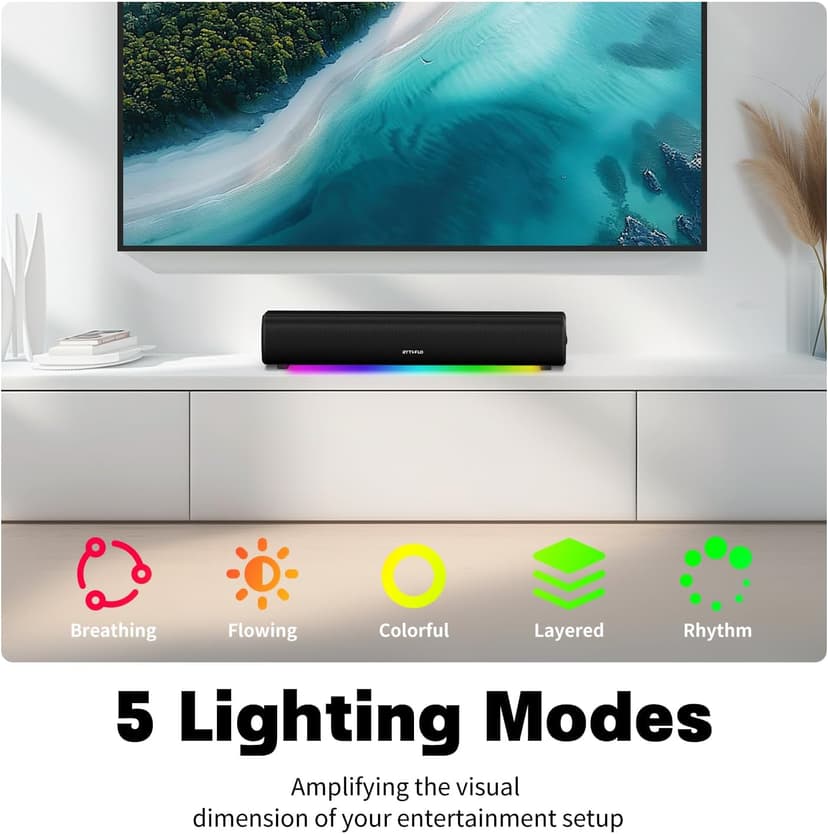 Sound Bars for TV 16-inch, Cinematic Soundbar for TV with Impactful Bass, Dynamic Lights and Remote Control, Wall Mountable, Bluetooth TV Sound Bar Speakers with Bluetooth/Optical/AUX Connection