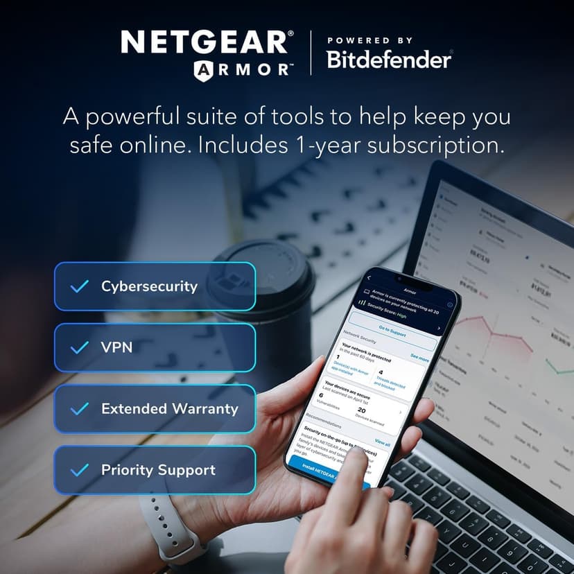 NETGEAR Nighthawk 6-Stream Dual-Band WiFi 6 Router (RAX54S) – Security Features, AX5400 Wireless Speed, Up to 5.4 Gbps, Covers up to 2,500 sq. ft., 25 Devices - 1-Year Armor Subscription Included