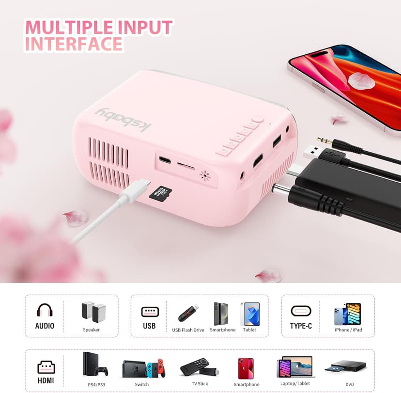 Mini Projector for Outdoor Portable Projectors, SmartPhone Screen Can be Mirrored to The Projector Through a Data Cable, Movies-Projector Compatible with HDMI, USB, Type-C, Laptop, TV Stick