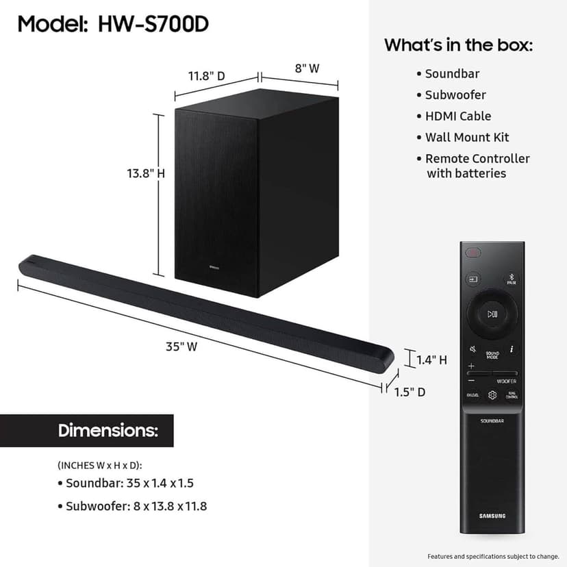 Samsung S700D 3.1ch Soundbar w/Wireless Dolby Atmos Audio, Ultra Slim Design, Q-Symphony, SpaceFit Sound Pro, Adaptive Sound, Game Mode Pro, HW-S700D/ZA
