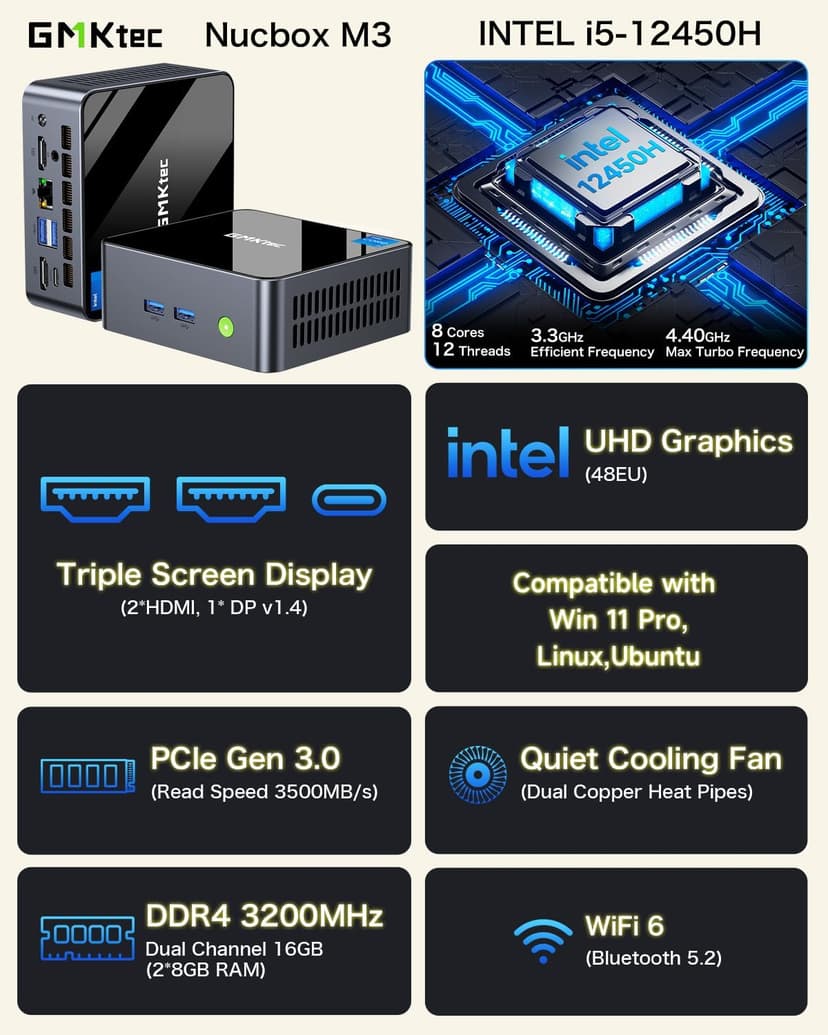 GMKtec Mini Desktop Computer, M3 Intel Core i5 12450H (8C/12T, up to 4.40GHz) Mini PC 16GB DDR4 (8GB*2) 512GB SSD, 2X HDMI 4K, 4X USB 3.2, USB-C, WiFi 6, BT 5.2, RJ45 2.5G Black