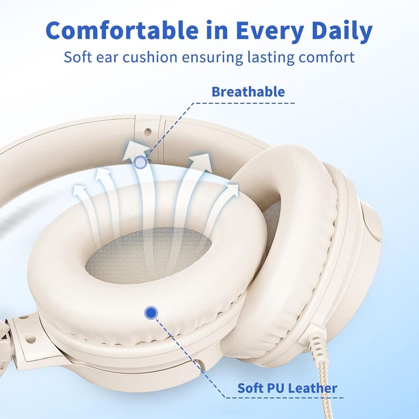 Headphones Wired with Microphone, Over Ear Foldable 3.5mm Plug in Headphones Corded with 4.9ft Tangle-Free Nylon Cord for Tablet, Laptop, MP3/4, School, Airplane Travel (Beige)