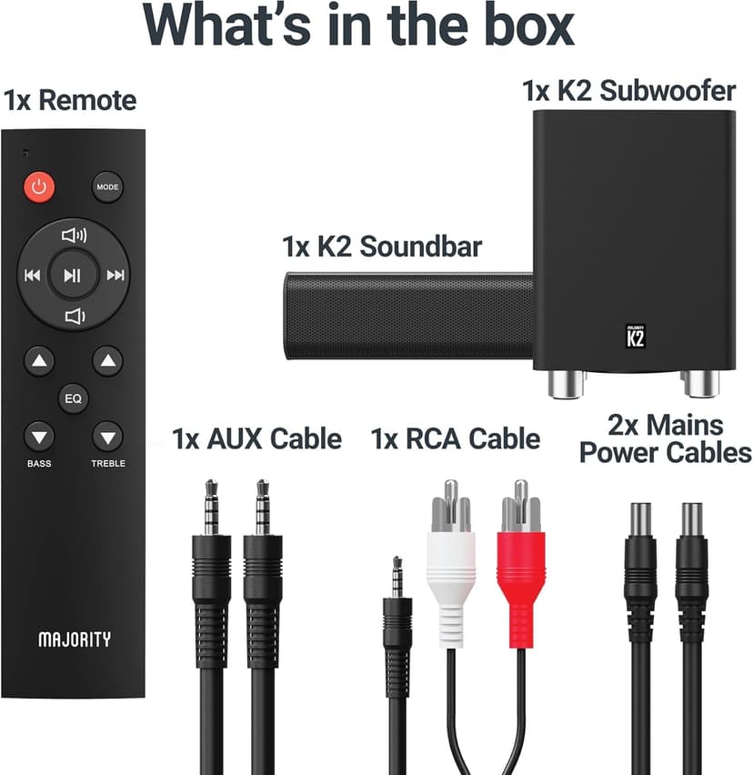 Majority K2 Sound Bar with Subwoofer | 150W Powerful Stereo 2.1 Channel Sound Bar for TV | Home Theatre 3D Surround Sound I HDMI ARC, Bluetooth, Optical & RCA Connection I USB & AUX Playback | Black