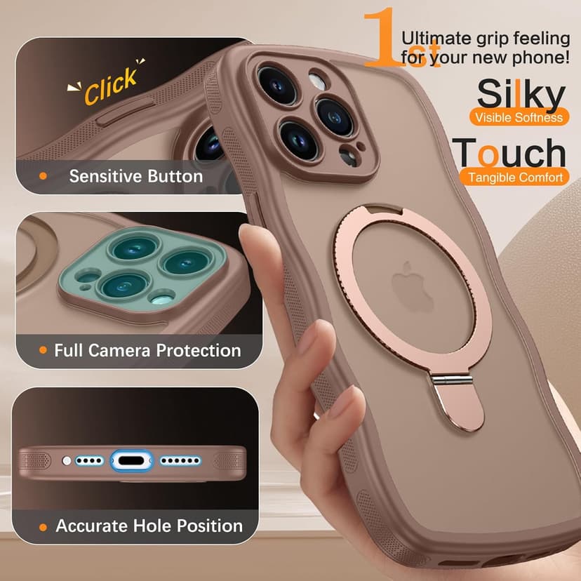 BENTOBEN for Magnetic iPhone 15 Pro Case, [Compatible with Magsafe] [Curly Wave Frame Design] Non-Slip Easier Grip Kickstand Ring Holder Protective Bumper Cute Girls Men Phone Cover, Desert Titanium