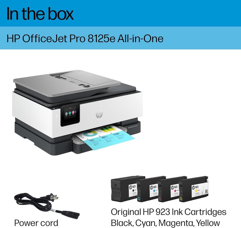 HP OfficeJet Pro 8125e Wireless All-in-One Color Inkjet Printer, Print, scan, Copy, ADF, Duplex Printing, Home & Office, 3 Months of Instant Ink Included (405T6A)