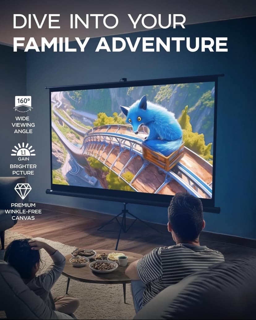 100 Inch Indoor and Outdoor Projector Screen with Stand for Movies or Presentations - HD Premium 16:9 Folding Free Tripod Screen with Carry Bag and Straps, Matte