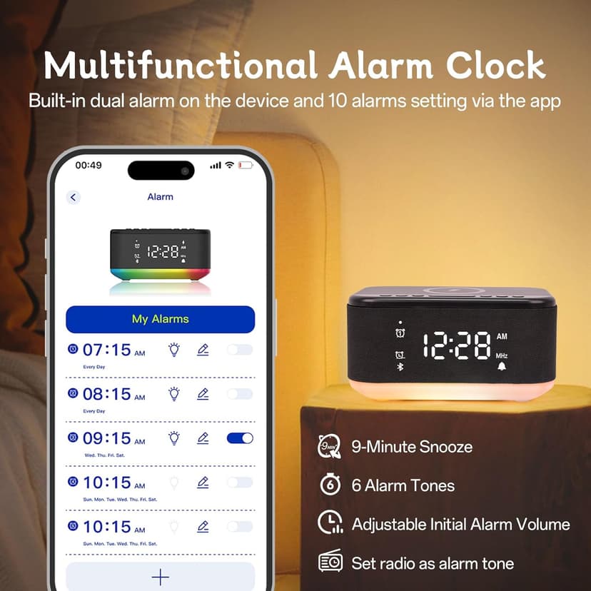 Bluetooth Alarm Clock Radio Bedroom, Digital Dual Alarm Clock Bedroom, Up to 10 Alarms Clock Night Light Speaker App/Button Control FM Charge Snooze Adjustable Volume Dim 12/24H, Black